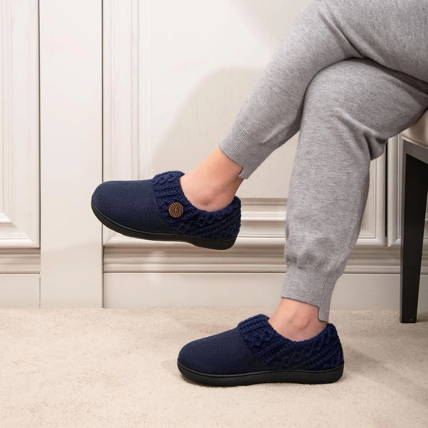 EverFoams Women's Microsuede Slippers Warm Comfy Memory Foam Indoor House Shoes with Knit Collar