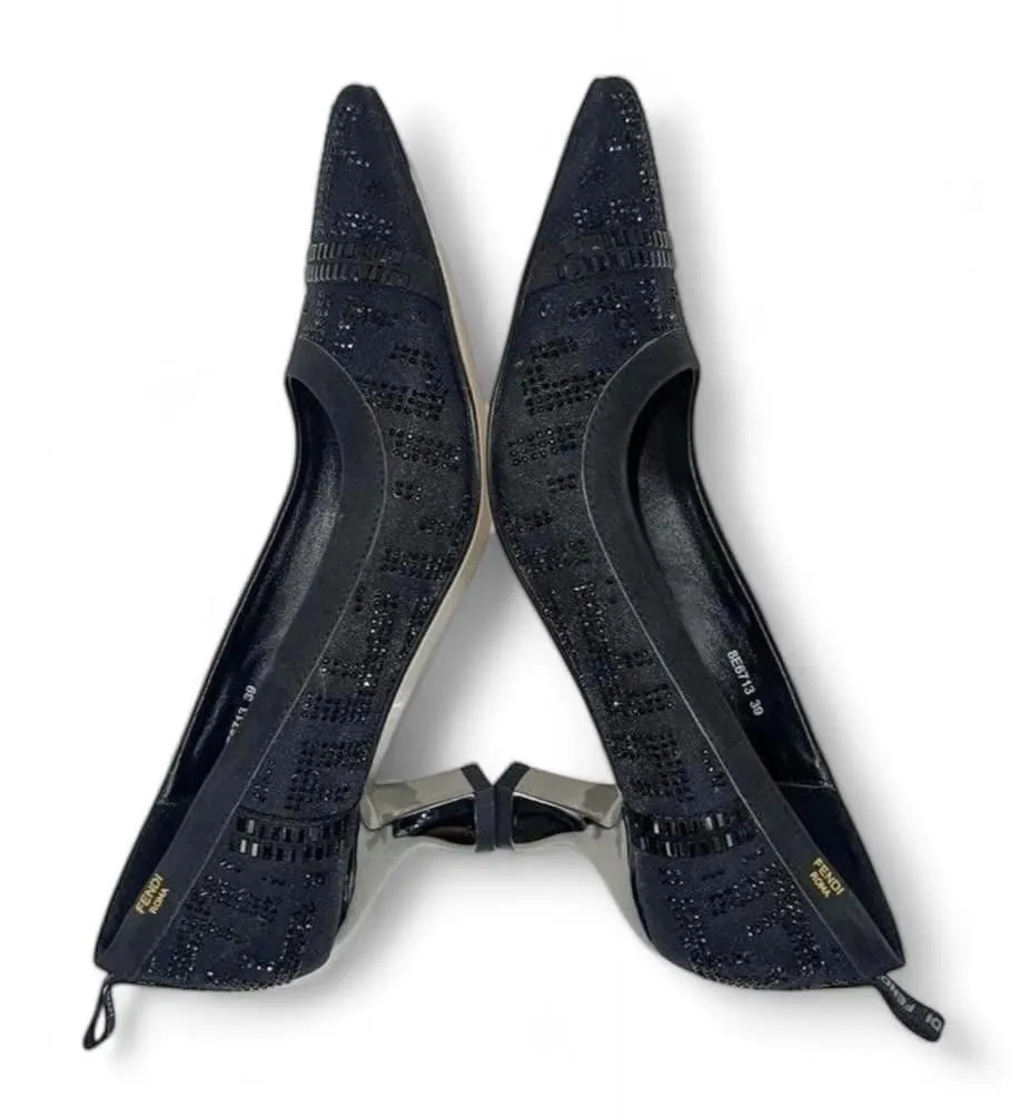 FENDI Black FF Zucca Jewelled Slingback Slip-on Heels Size IT39