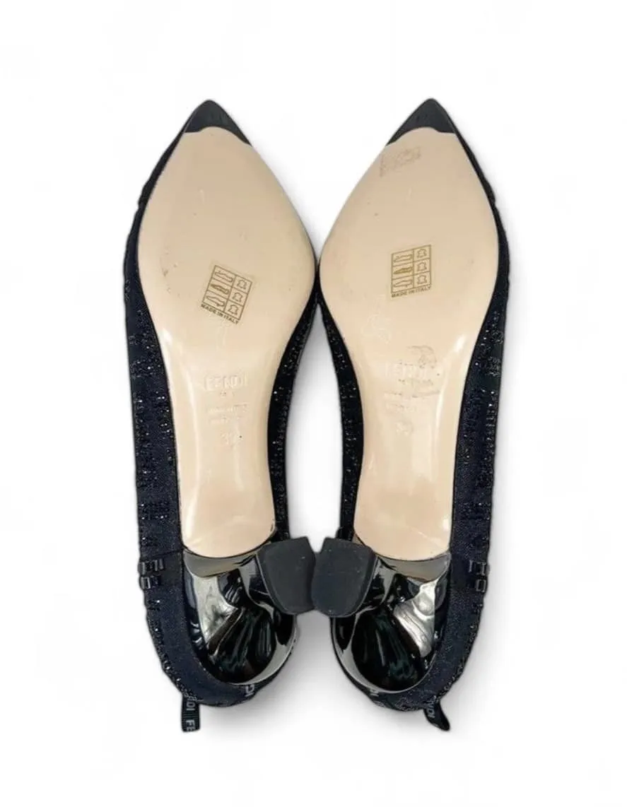 FENDI Black FF Zucca Jewelled Slingback Slip-on Heels Size IT39