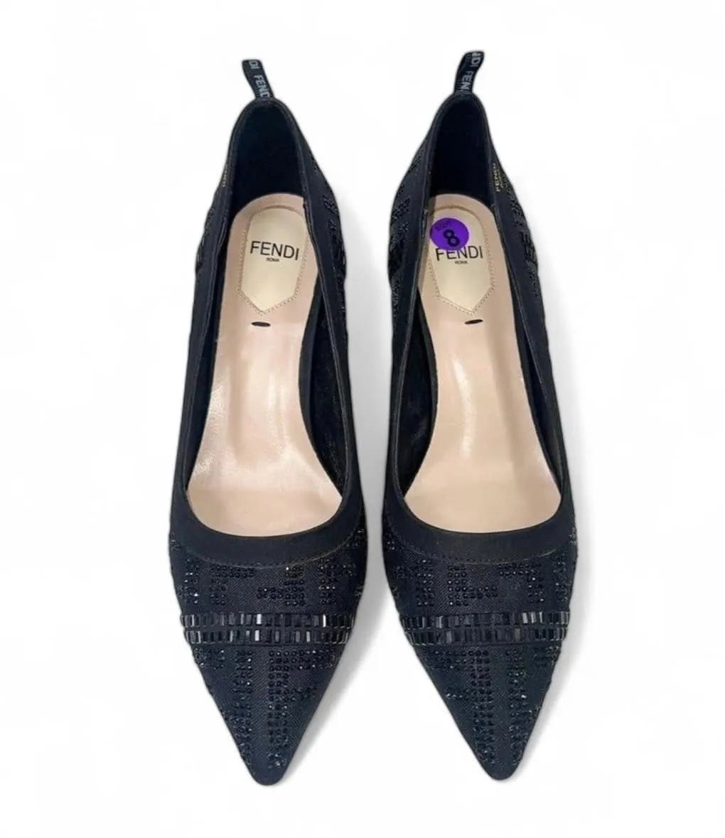 FENDI Black FF Zucca Jewelled Slingback Slip-on Heels Size IT39