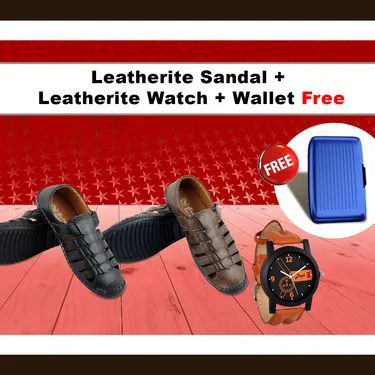 Fidato Leatherite Sandal With Leatherite Watch And Wallet Combo