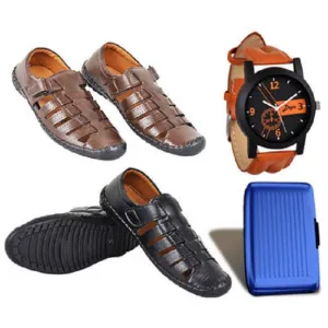 Fidato Leatherite Sandal With Leatherite Watch And Wallet Combo