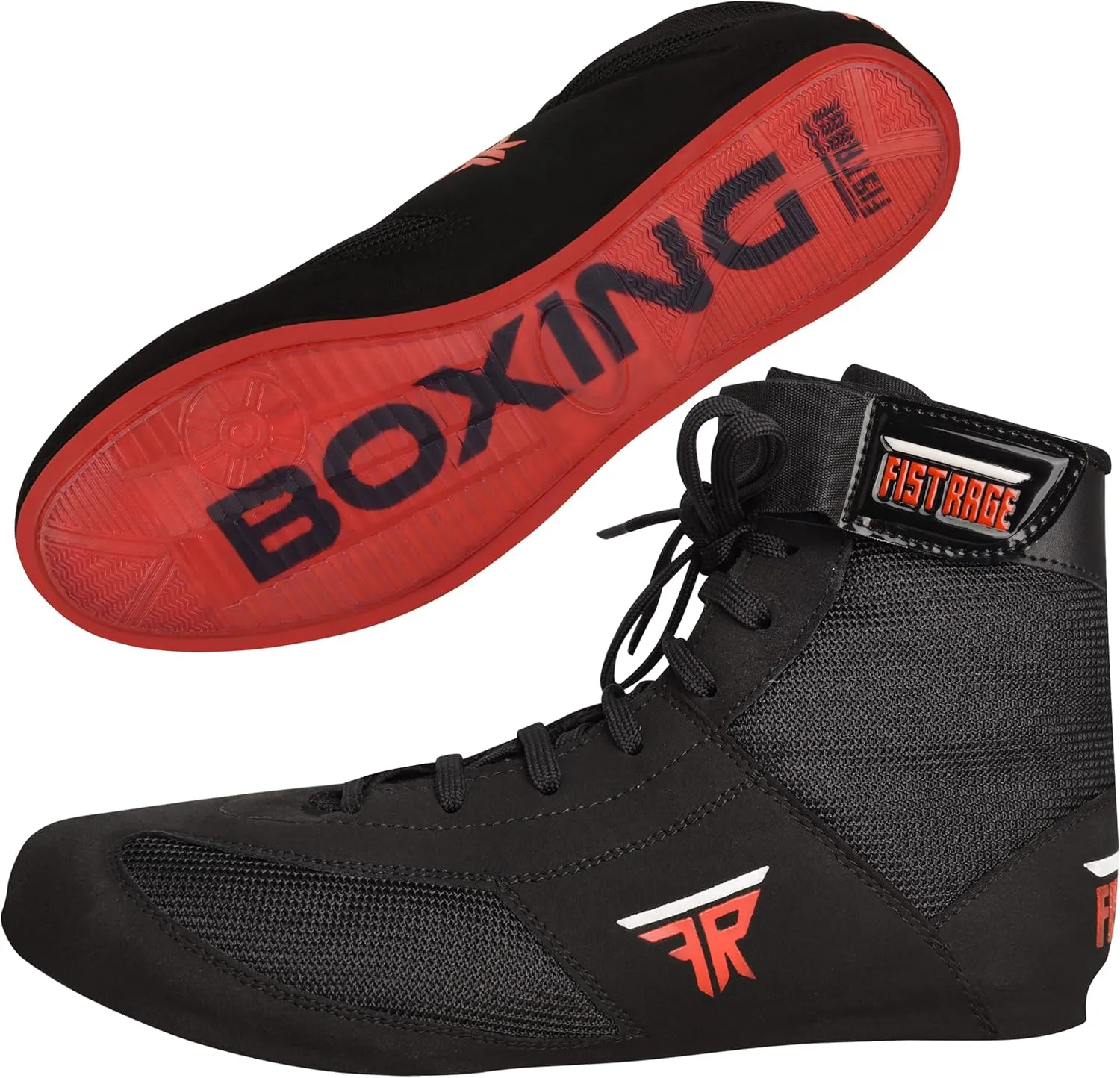 FISTRAGE Leather High and Top Kick Boxing Shoes Fighting Sports Training Mesh Unisex Pro Men's and Youth Light Weight | Black Color Boxing Shoes for Adults