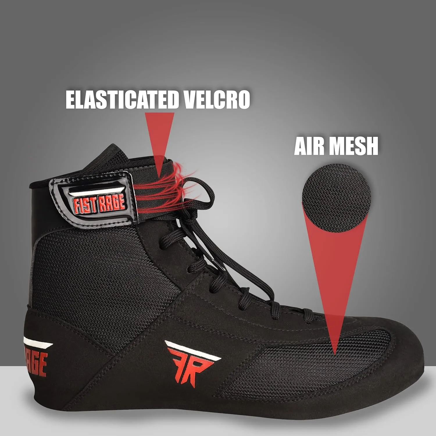 FISTRAGE Leather High and Top Kick Boxing Shoes Fighting Sports Training Mesh Unisex Pro Men's and Youth Light Weight | Black Color Boxing Shoes for Adults