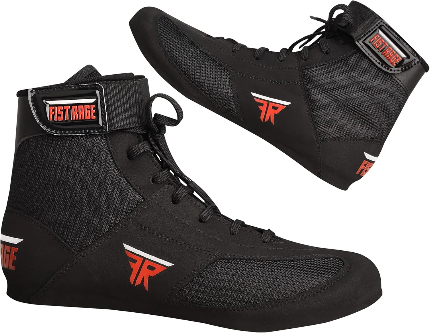FISTRAGE Leather High and Top Kick Boxing Shoes Fighting Sports Training Mesh Unisex Pro Men's and Youth Light Weight | Black Color Boxing Shoes for Adults