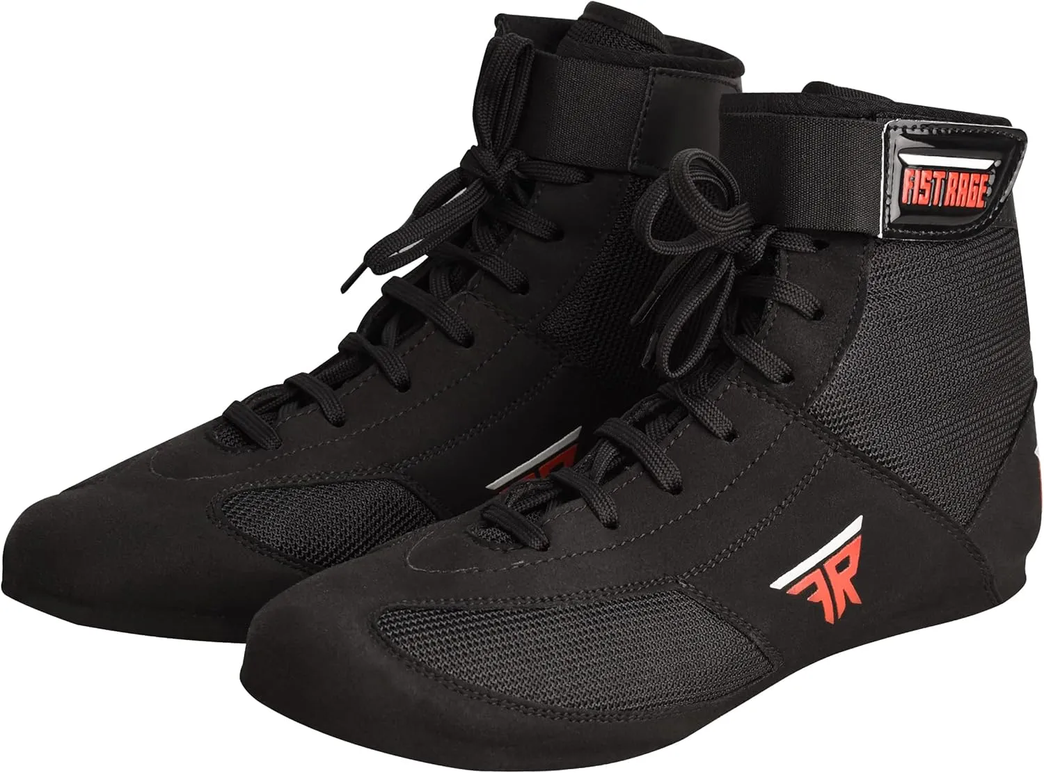 FISTRAGE Leather High and Top Kick Boxing Shoes Fighting Sports Training Mesh Unisex Pro Men's and Youth Light Weight | Black Color Boxing Shoes for Adults