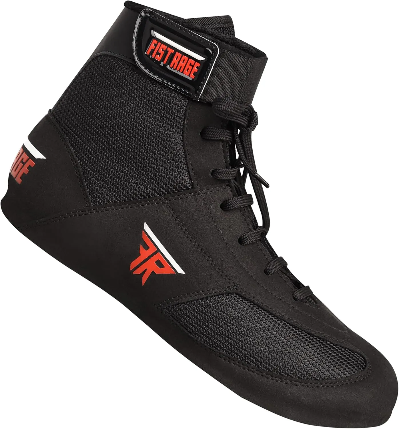 FISTRAGE Leather High and Top Kick Boxing Shoes Fighting Sports Training Mesh Unisex Pro Men's and Youth Light Weight | Black Color Boxing Shoes for Adults