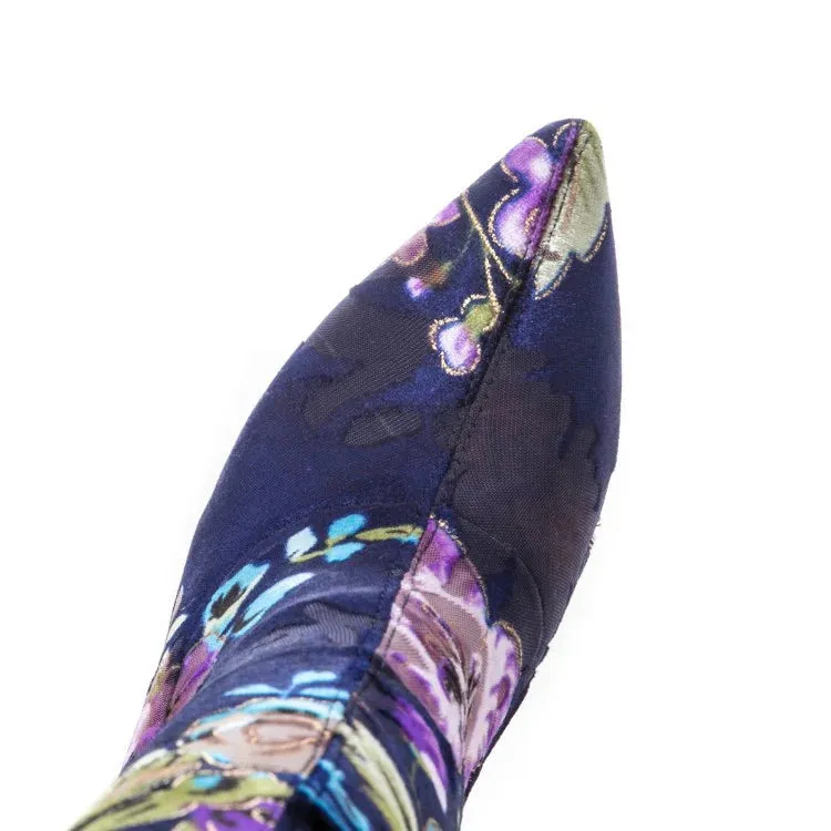 Floral Blue Ankle Stiletto Heel Boots