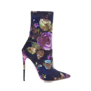 Floral Blue Ankle Stiletto Heel Boots
