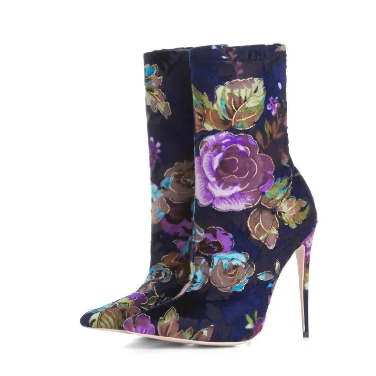 Floral Blue Ankle Stiletto Heel Boots