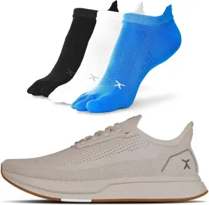 FLUX FOOTWEAR Adapt Bundle – Women’s Zero-Drop Running Shoes with Knit Upper & UltraFlex Midsole   3-Pack Medium No-Show Toe Socks – Lightweight, Breathable, and Versatile – Sand RN - W12/M10.5