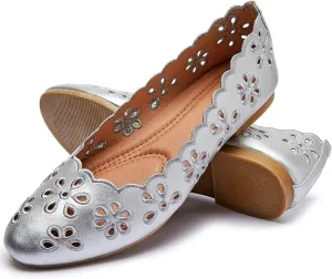 FRACORA Women's Ballet Flats Black PU Leather Dress Shoes Comfortable Round Toe Slip on Flats with Breathable Eyelets