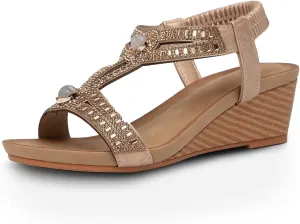 FRALOSHA Wedge Sandals for Women Dressy Summer Rhinestone Glitter Open Toe Casual wedge heels Sandal Comfy Cute Beach Shoes