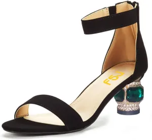 FSJ Women Comfy Ankle Strap Zipper Medium Rhinestone Chunky Heels Peep Toe Pull On Classic Travel Sandals Size 4-15 M US