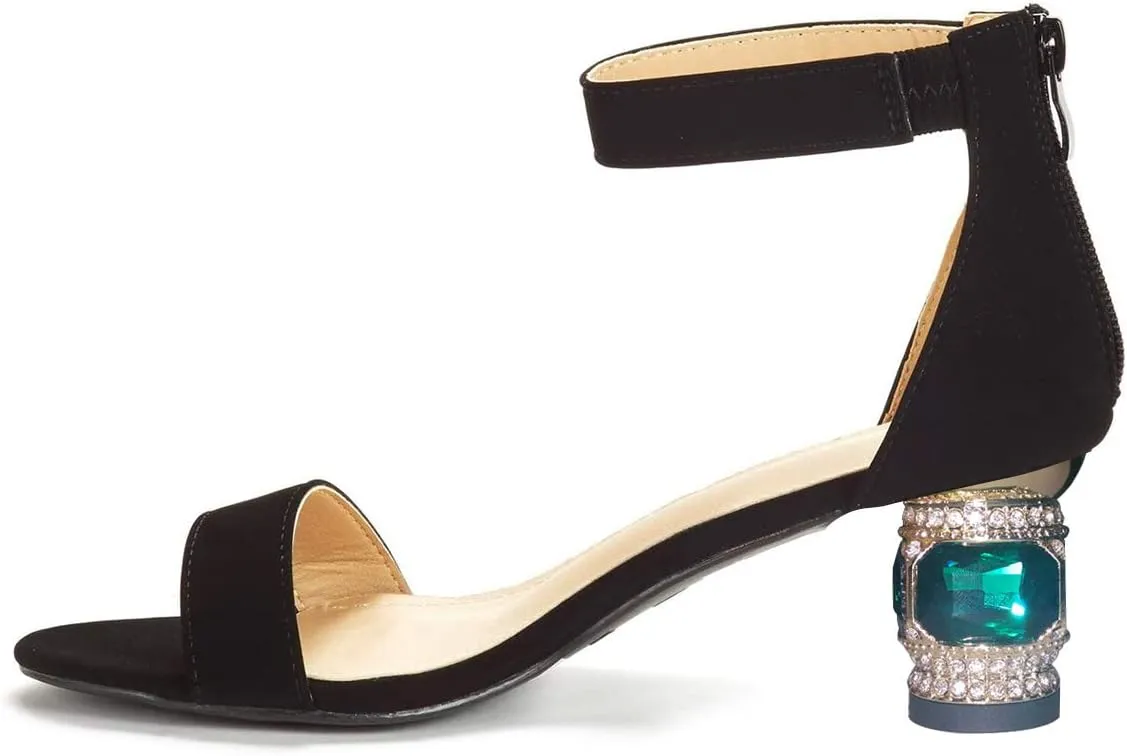 FSJ Women Comfy Ankle Strap Zipper Medium Rhinestone Chunky Heels Peep Toe Pull On Classic Travel Sandals Size 4-15 M US