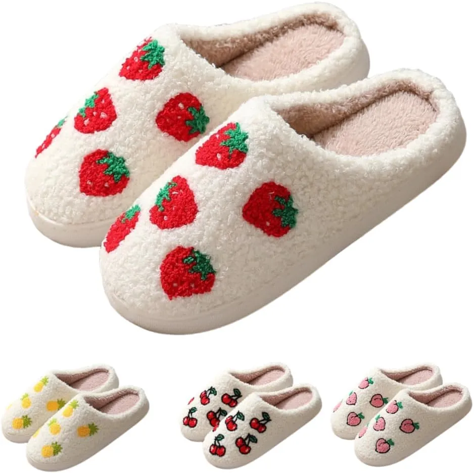 Fuzzy Cute Fruit Slippers for Women with Thick and Soft Plush Fleece Winter House Shoes