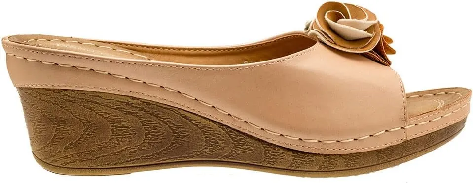 GC Shoes Womens Wedge Sandals, Open Toe Mid Heel Platform, Comfy Vegan Leather Flower Strap Thong, Flora