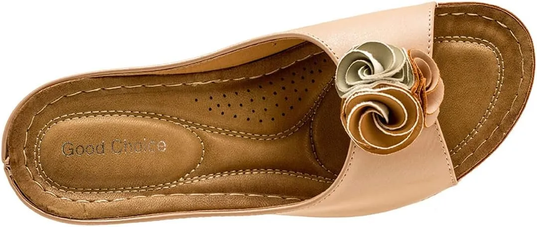 GC Shoes Womens Wedge Sandals, Open Toe Mid Heel Platform, Comfy Vegan Leather Flower Strap Thong, Flora
