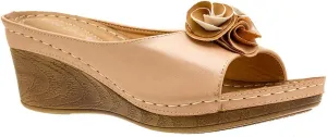GC Shoes Womens Wedge Sandals, Open Toe Mid Heel Platform, Comfy Vegan Leather Flower Strap Thong, Flora