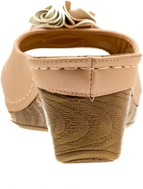GC Shoes Womens Wedge Sandals, Open Toe Mid Heel Platform, Comfy Vegan Leather Flower Strap Thong, Flora