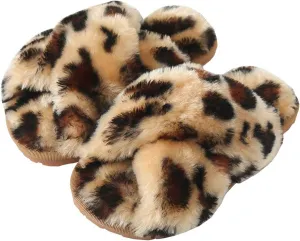 Girls Fluffy Cute Fuzzy Slippers - Open Toe Warm Fur Slides Cross Band Plush Slip on House Indoor Slippers