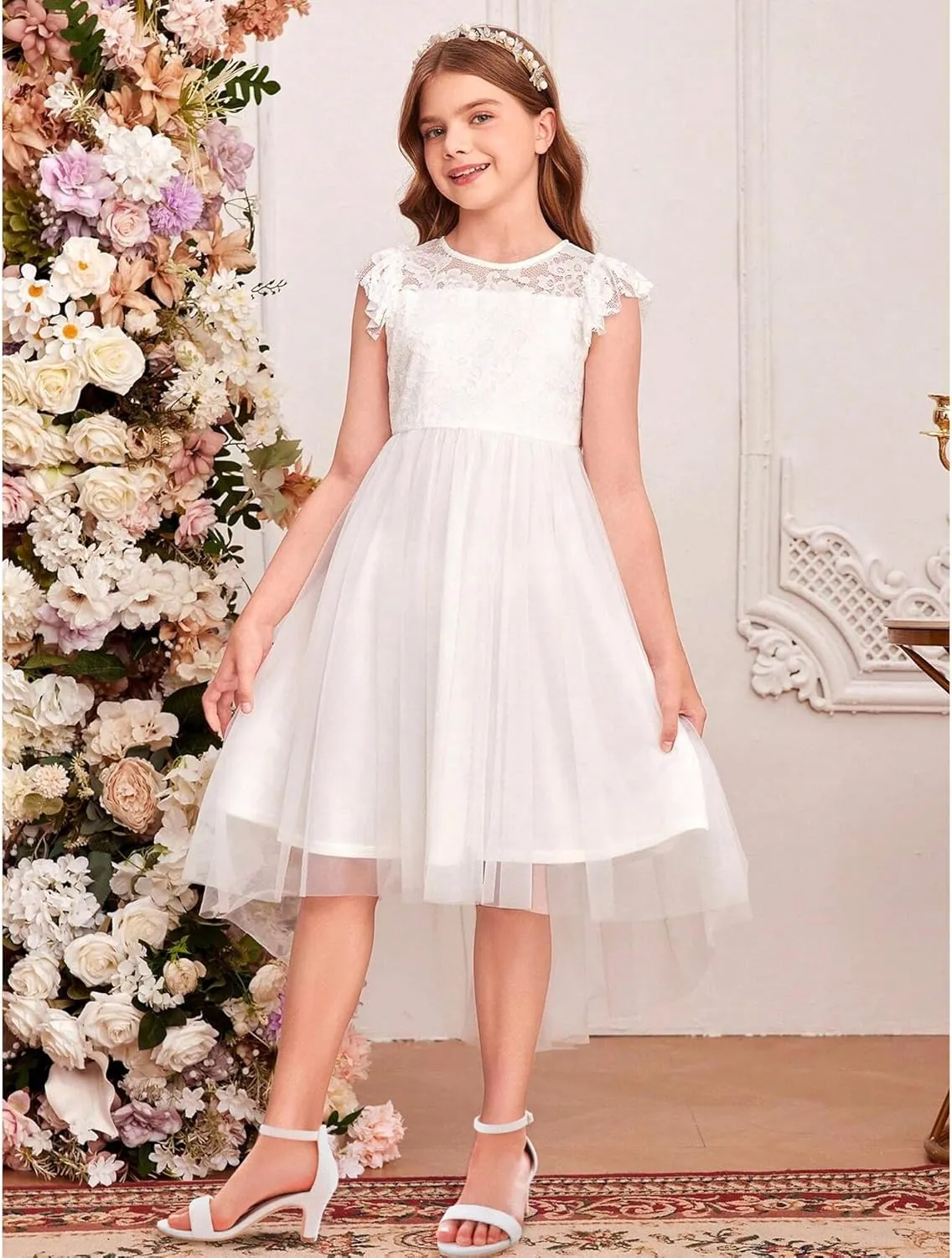 Girls Heel Sandals Open Toe Ankle Strap Flower Girl Dress Pump Sandals Wedding Party for Little Big Kid