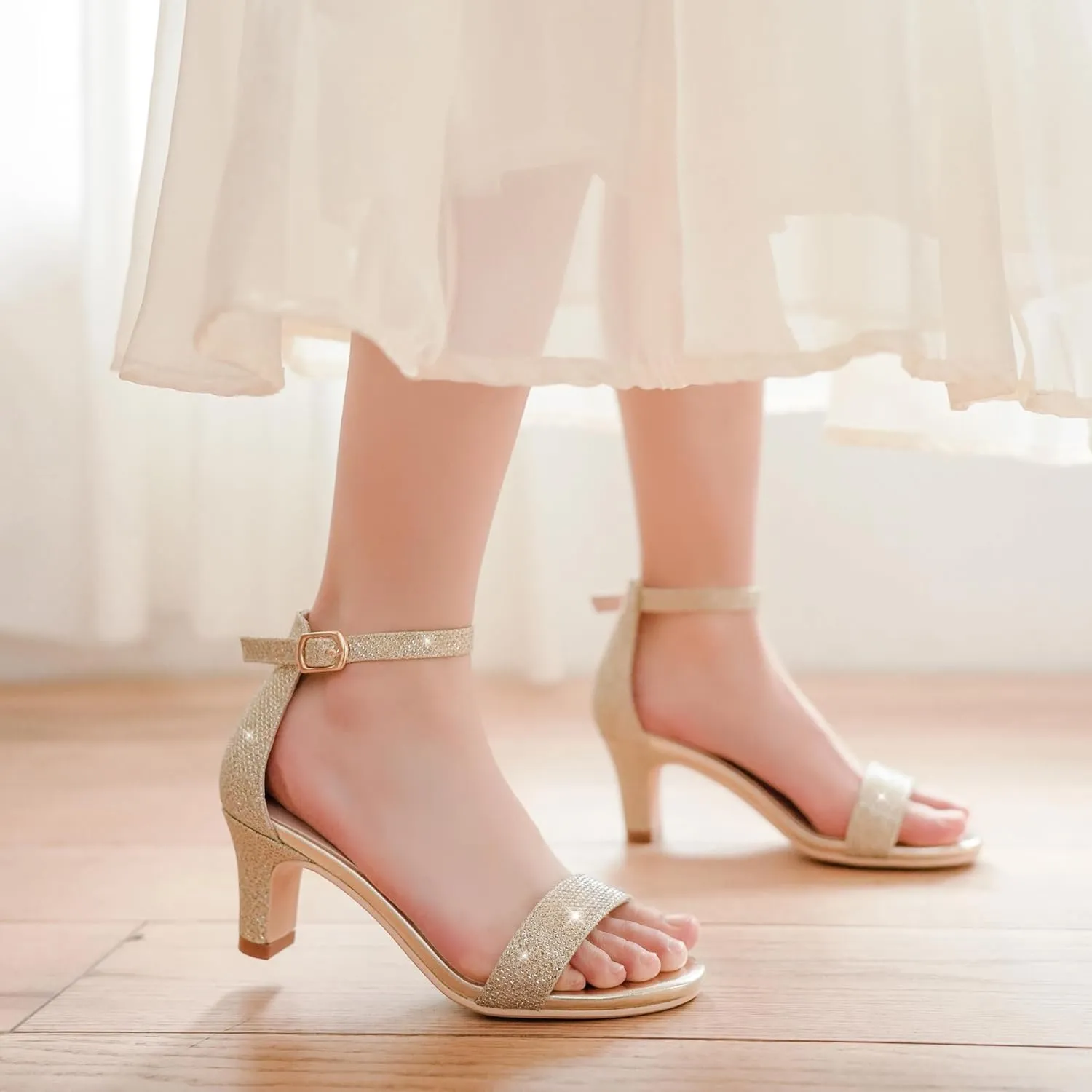 Girls Heel Sandals Open Toe Ankle Strap Flower Girl Dress Pump Sandals Wedding Party for Little Big Kid