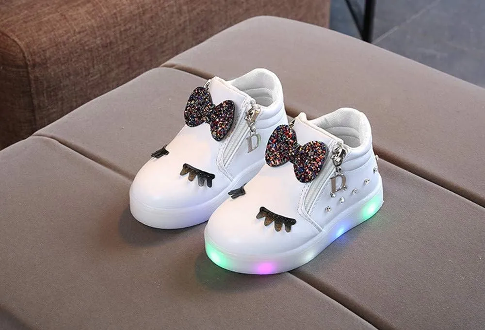Girls Light Up Shoes Toddler Glitter High Top LED Sneakers with Cute Bowknot Baby Ankle Boots Walking Shoes for Kids