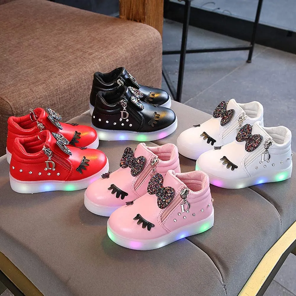 Girls Light Up Shoes Toddler Glitter High Top LED Sneakers with Cute Bowknot Baby Ankle Boots Walking Shoes for Kids