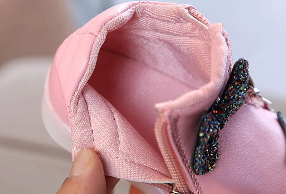 Girls Light Up Shoes Toddler Glitter High Top LED Sneakers with Cute Bowknot Baby Ankle Boots Walking Shoes for Kids