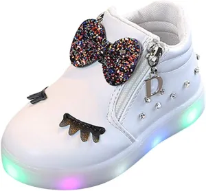 Girls Light Up Shoes Toddler Glitter High Top LED Sneakers with Cute Bowknot Baby Ankle Boots Walking Shoes for Kids