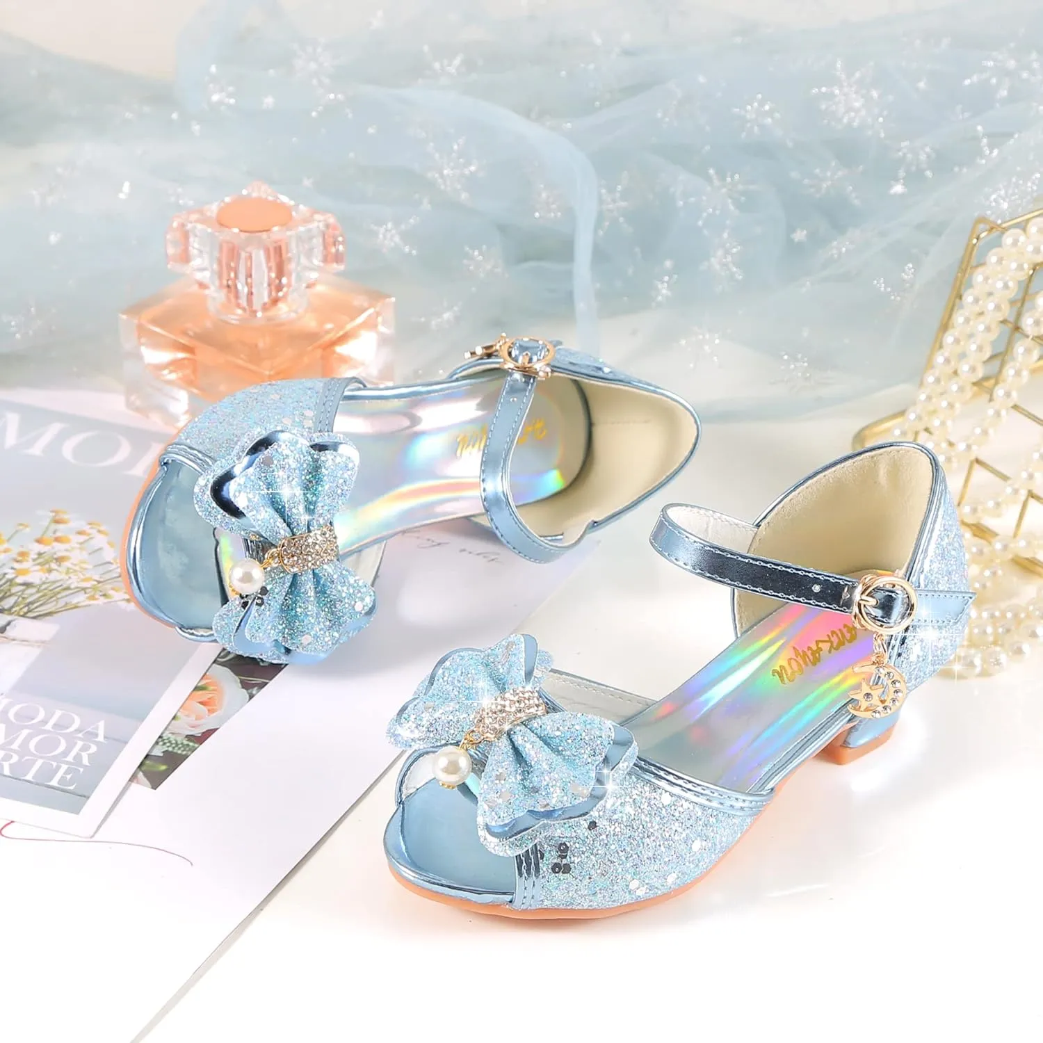 Girls Mary Jane Glitter Wedding Party Dress Shoes Princess Flower Strap Shoes