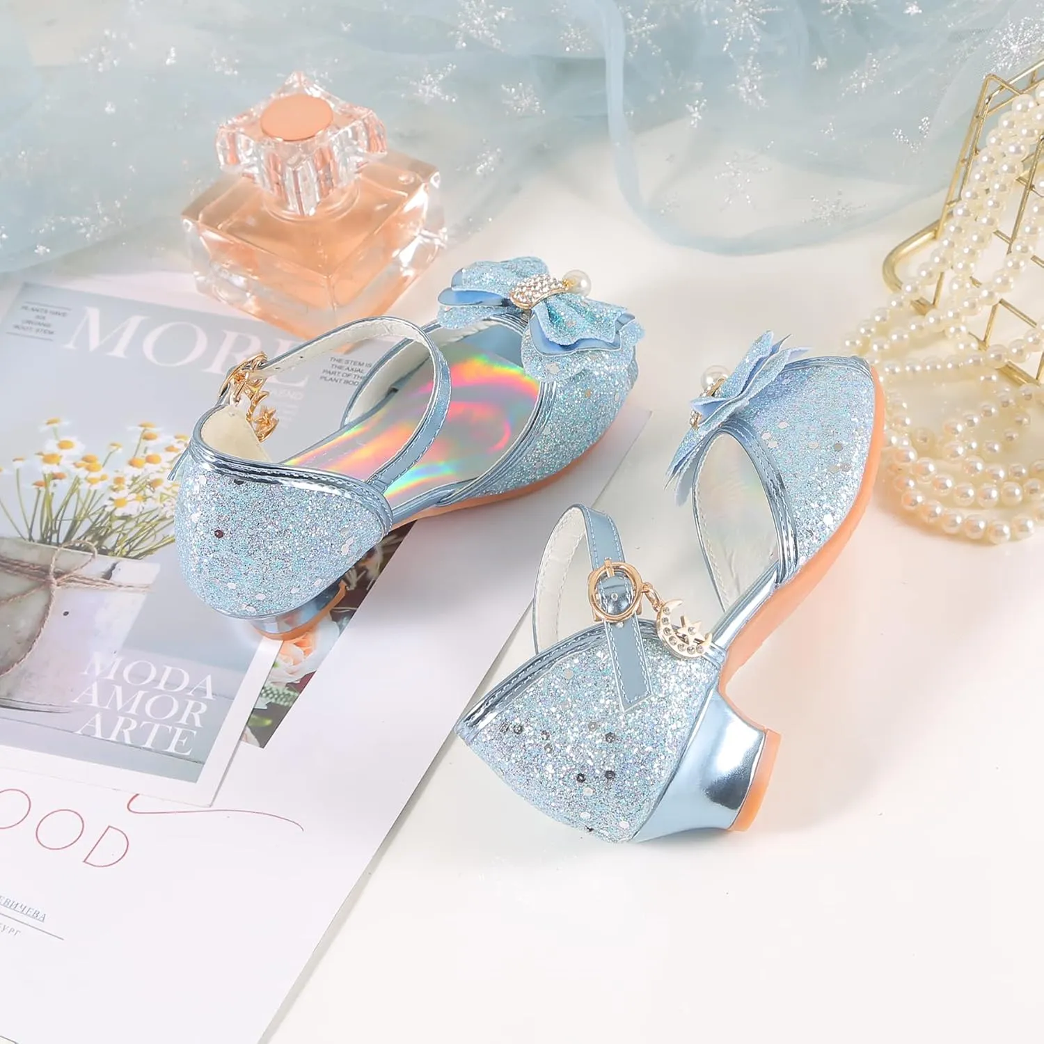 Girls Mary Jane Glitter Wedding Party Dress Shoes Princess Flower Strap Shoes