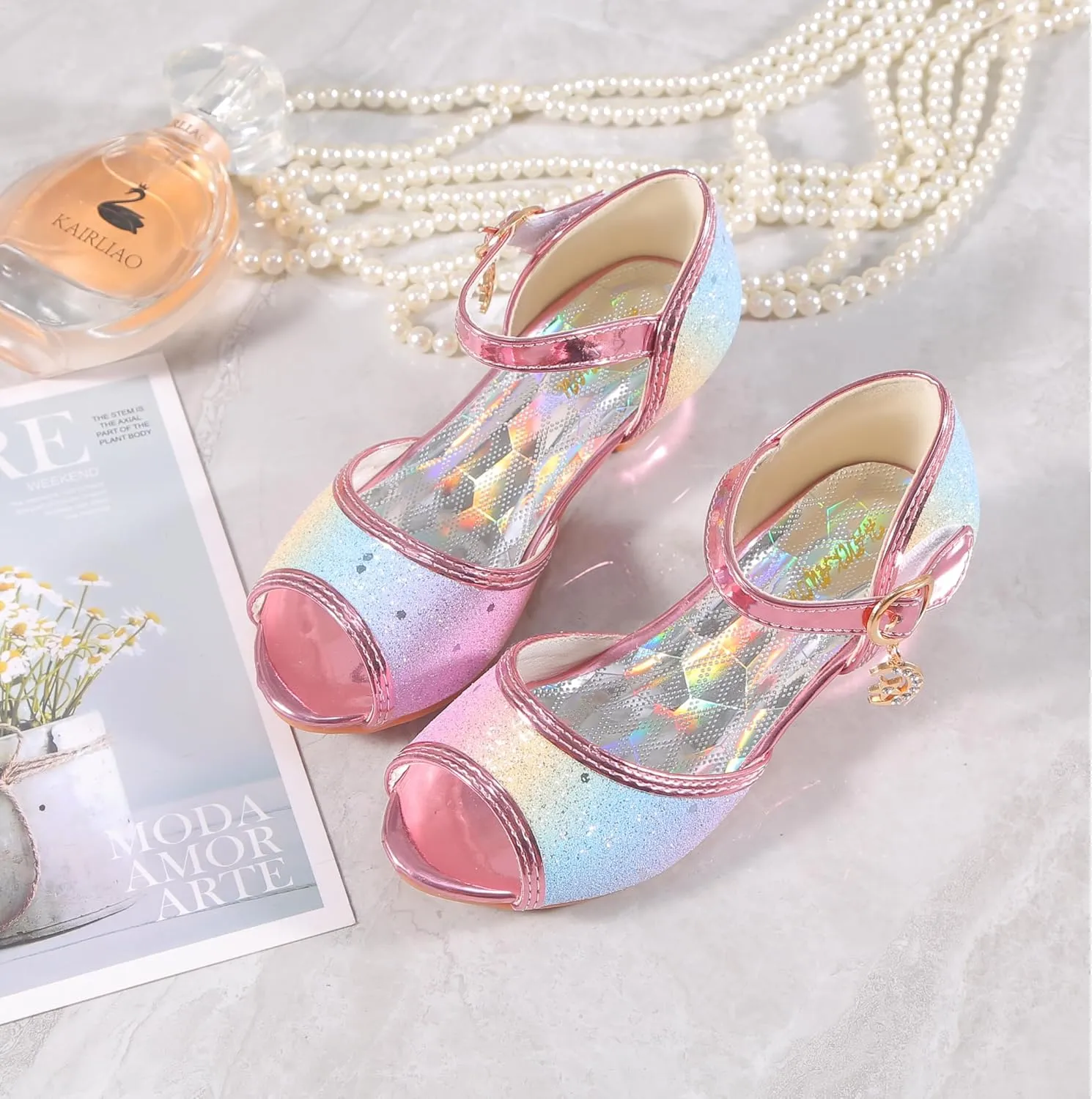 Girls Mary Jane Glitter Wedding Party Dress Shoes Princess Flower Strap Shoes