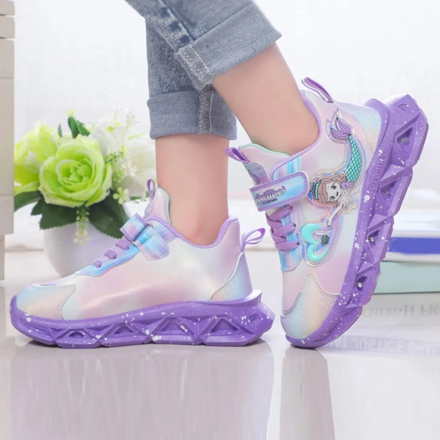 Girls’ Princess Shoes Slip On Light-Up Sneakers Mermai𝐝 Shoes Breathable Mesh Sneakers Lightweight Running Shoes