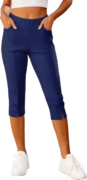 GRAPENT Capri Pants for Women High Waisted Pull On Elastic Waist Dressy Casual Stretchy Capris Trousers Pants Pockets