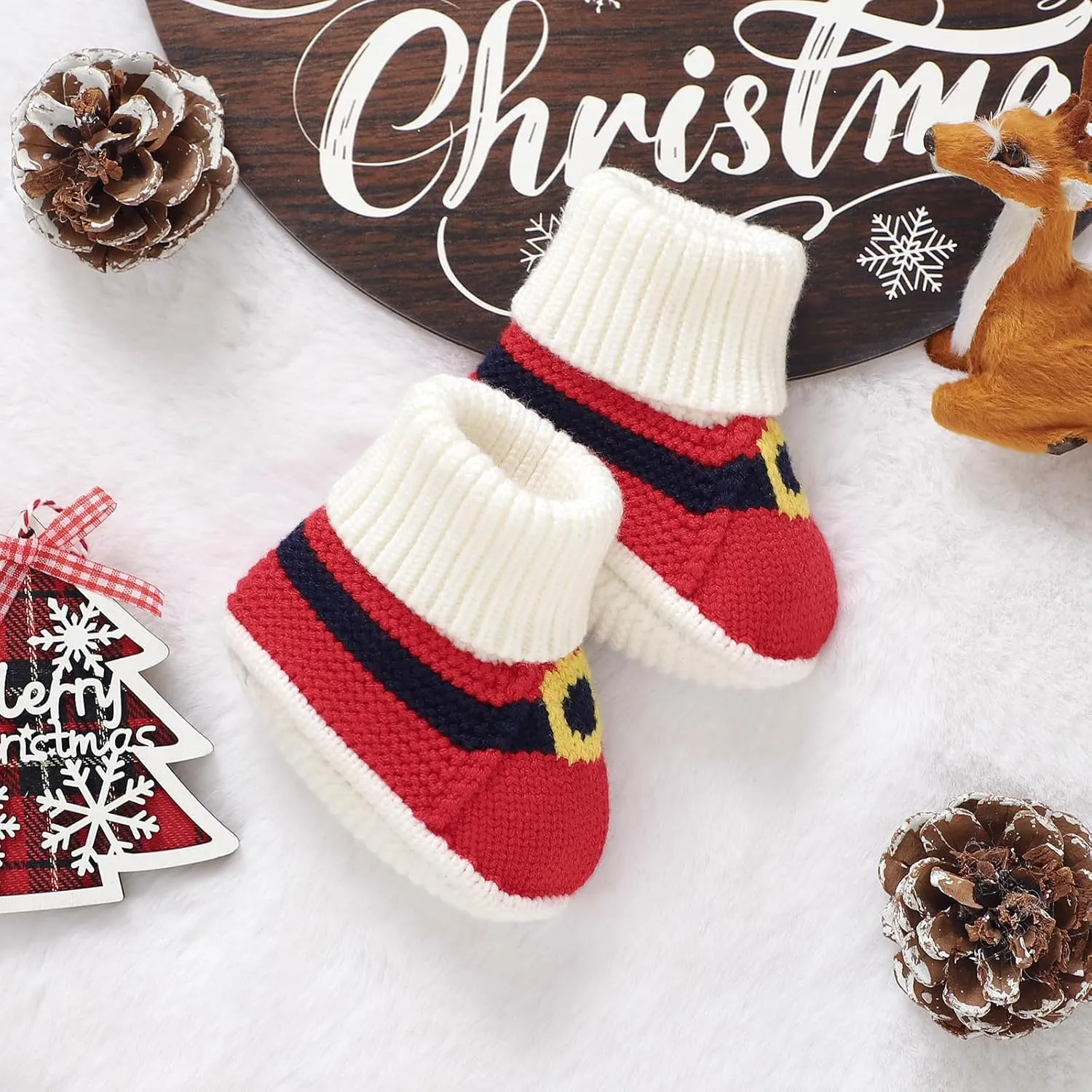 Hadetoto Baby Christmas Booties Newborn Girl Boy Cozy Sock Shoes Infant Toddler Warm Knit Booties