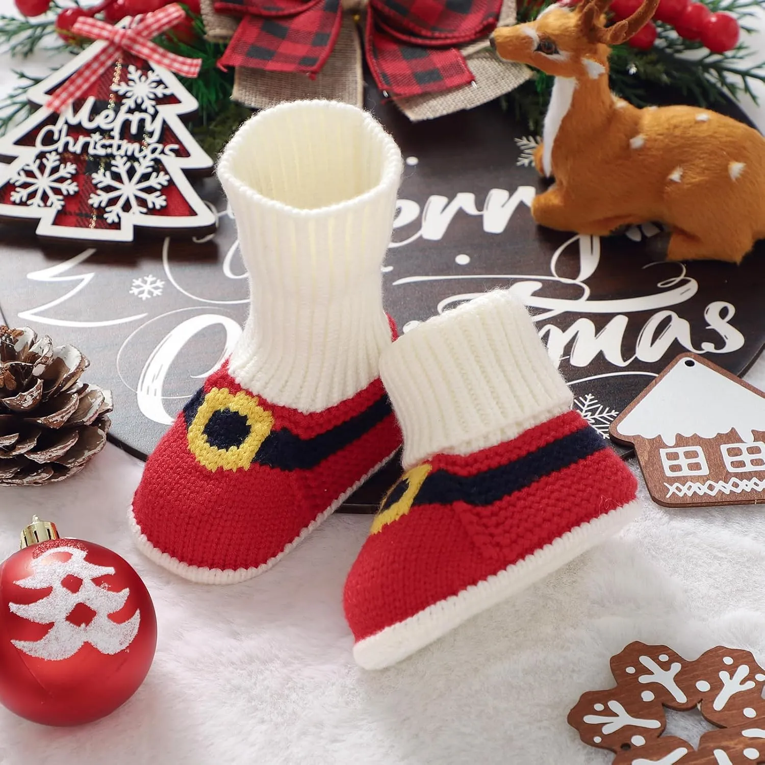 Hadetoto Baby Christmas Booties Newborn Girl Boy Cozy Sock Shoes Infant Toddler Warm Knit Booties