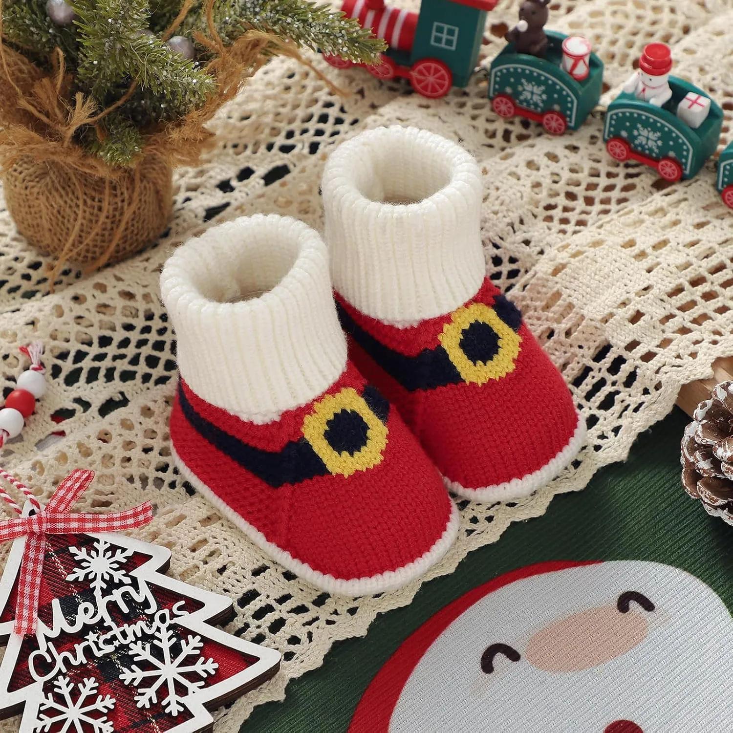 Hadetoto Baby Christmas Booties Newborn Girl Boy Cozy Sock Shoes Infant Toddler Warm Knit Booties