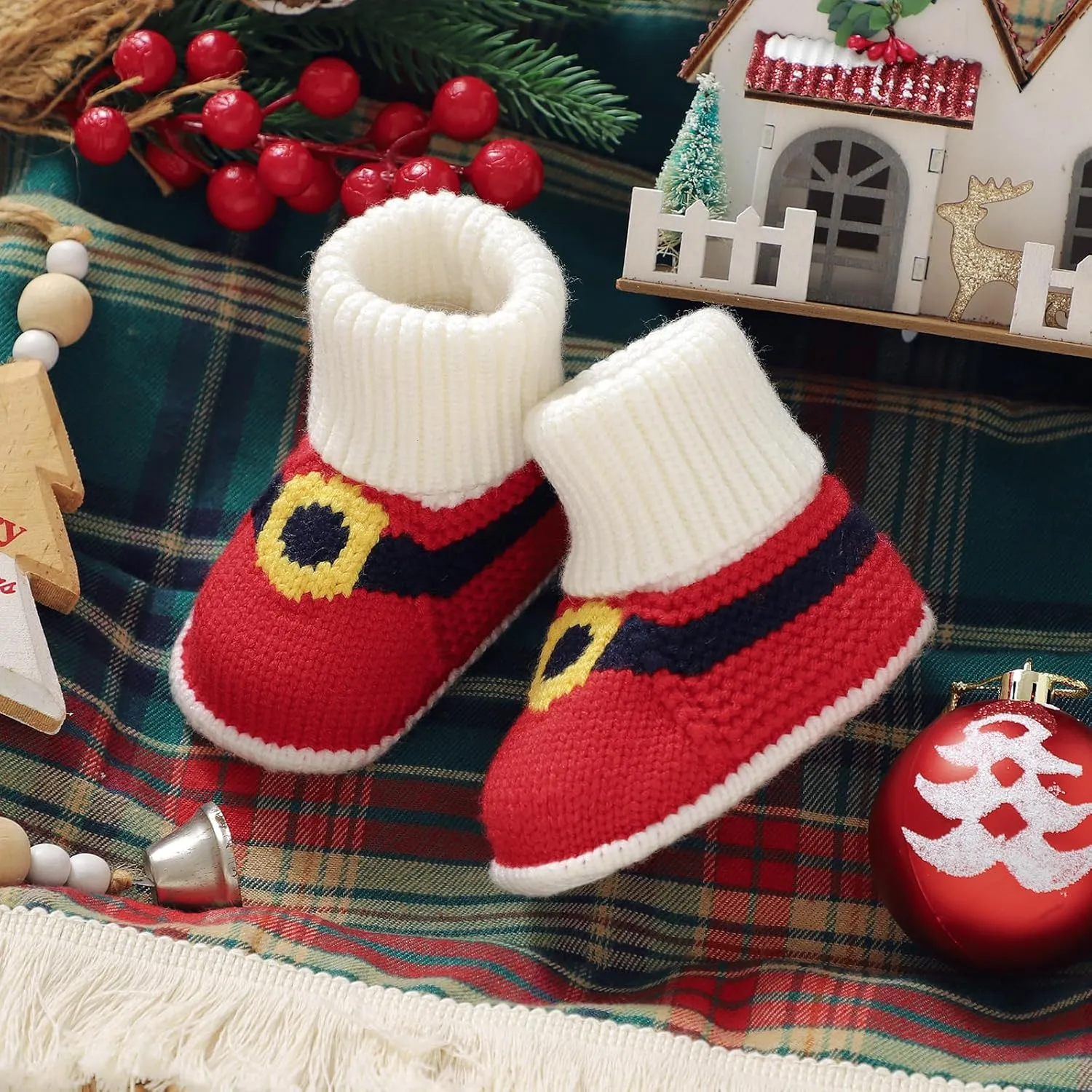 Hadetoto Baby Christmas Booties Newborn Girl Boy Cozy Sock Shoes Infant Toddler Warm Knit Booties
