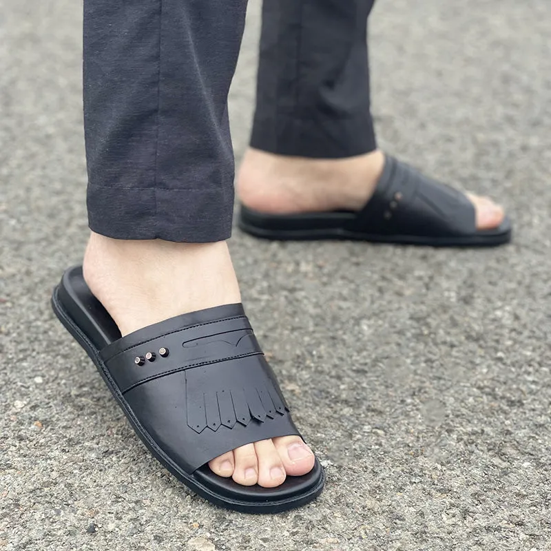 Hand made PU Sole Black Leather Chappal SS-2335