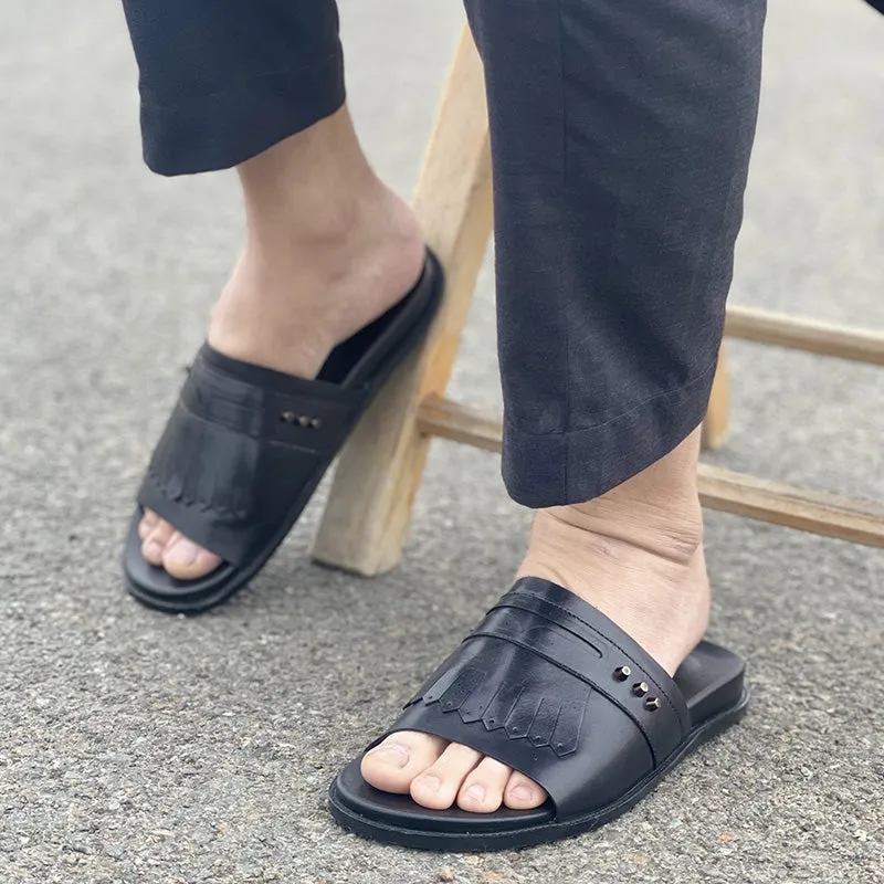 Hand made PU Sole Black Leather Chappal SS-2335