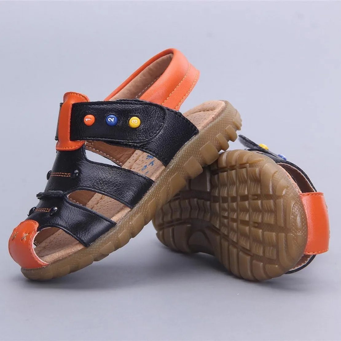 Happy Cherry Unisex Baby Toddler 100% Leather Anti-Slip Closed Toe Oxford Sole Outdoor Sandal Shoes Brown