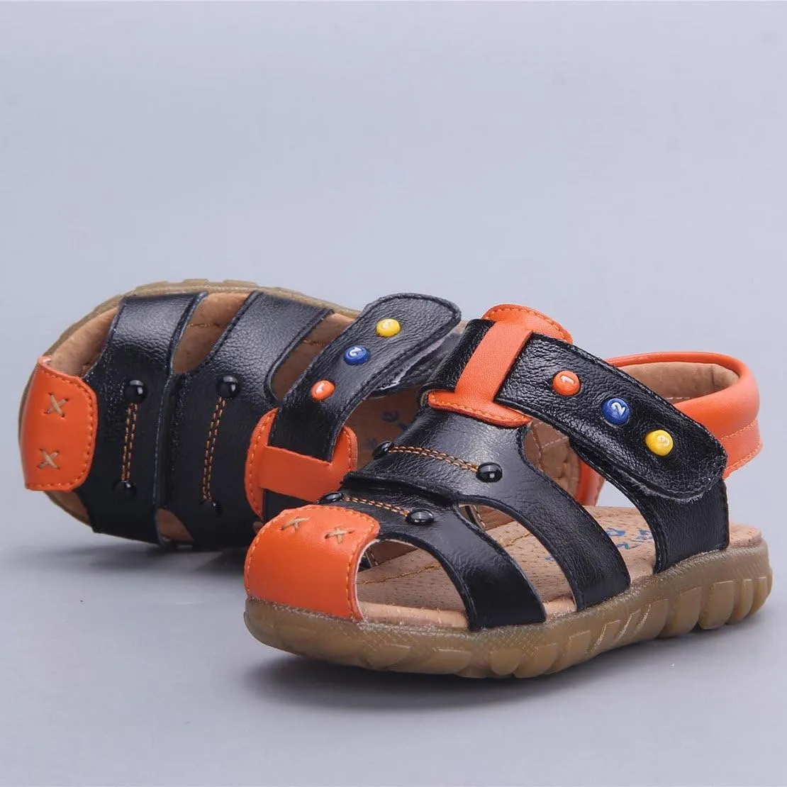 Happy Cherry Unisex Baby Toddler 100% Leather Anti-Slip Closed Toe Oxford Sole Outdoor Sandal Shoes Brown