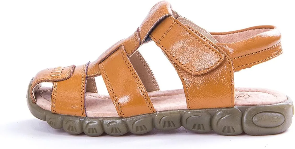 Happy Cherry Unisex Baby Toddler 100% Leather Anti-Slip Closed Toe Oxford Sole Outdoor Sandal Shoes Brown