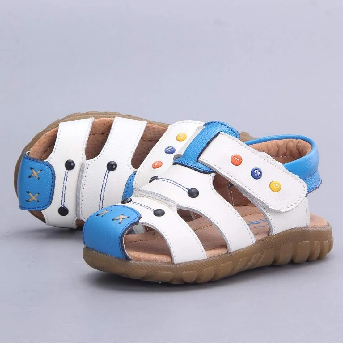 Happy Cherry Unisex Baby Toddler 100% Leather Anti-Slip Closed Toe Oxford Sole Outdoor Sandal Shoes Brown