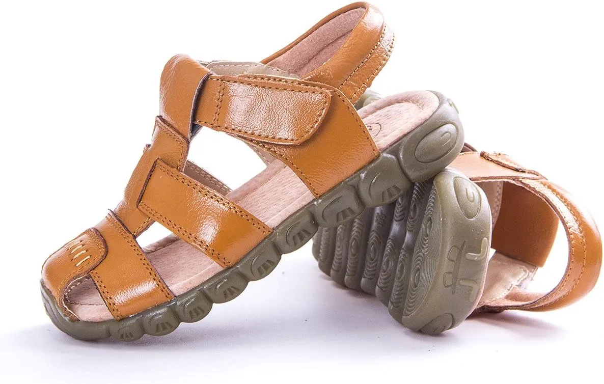 Happy Cherry Unisex Baby Toddler 100% Leather Anti-Slip Closed Toe Oxford Sole Outdoor Sandal Shoes Brown