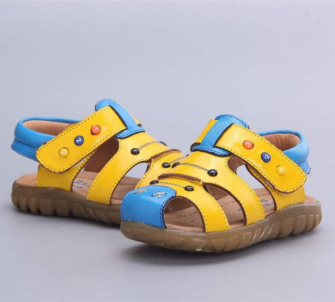 Happy Cherry Unisex Baby Toddler 100% Leather Anti-Slip Closed Toe Oxford Sole Outdoor Sandal Shoes Brown