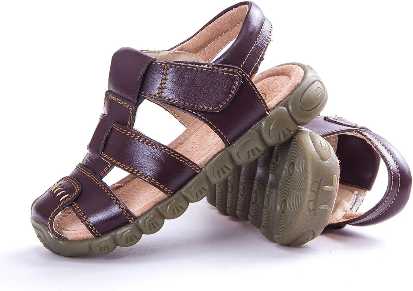 Happy Cherry Unisex Baby Toddler 100% Leather Anti-Slip Closed Toe Oxford Sole Outdoor Sandal Shoes Brown