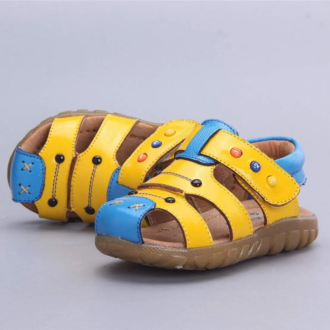 Happy Cherry Unisex Baby Toddler 100% Leather Anti-Slip Closed Toe Oxford Sole Outdoor Sandal Shoes Brown